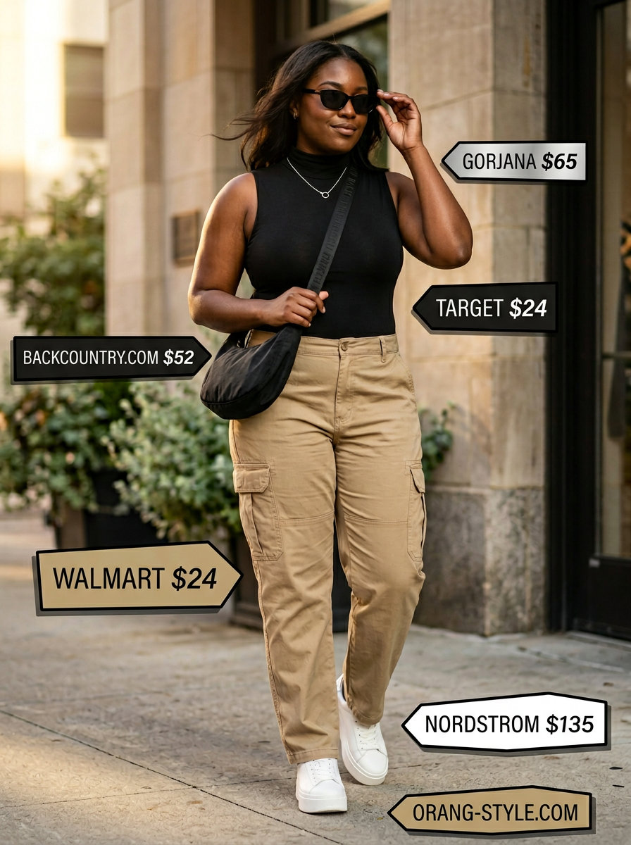 Colorful plus size summer outfits for women 2026: Khaki cargo pants, black bodysuit, chunky sneakers for weekend wear.