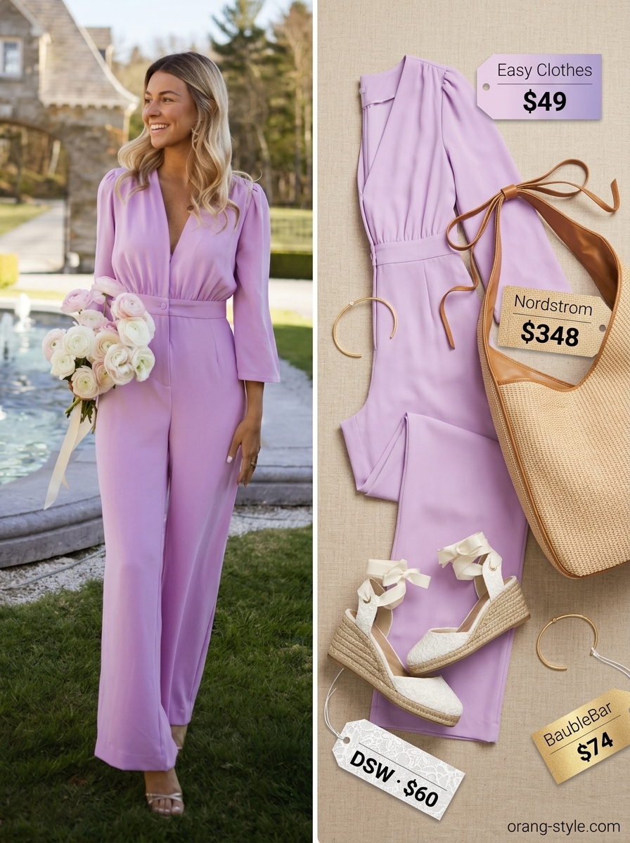 Colorful plus size summer outfits for women 2026: Lavender wide-leg jumpsuit, cream espadrilles, gold bracelet for day to night.