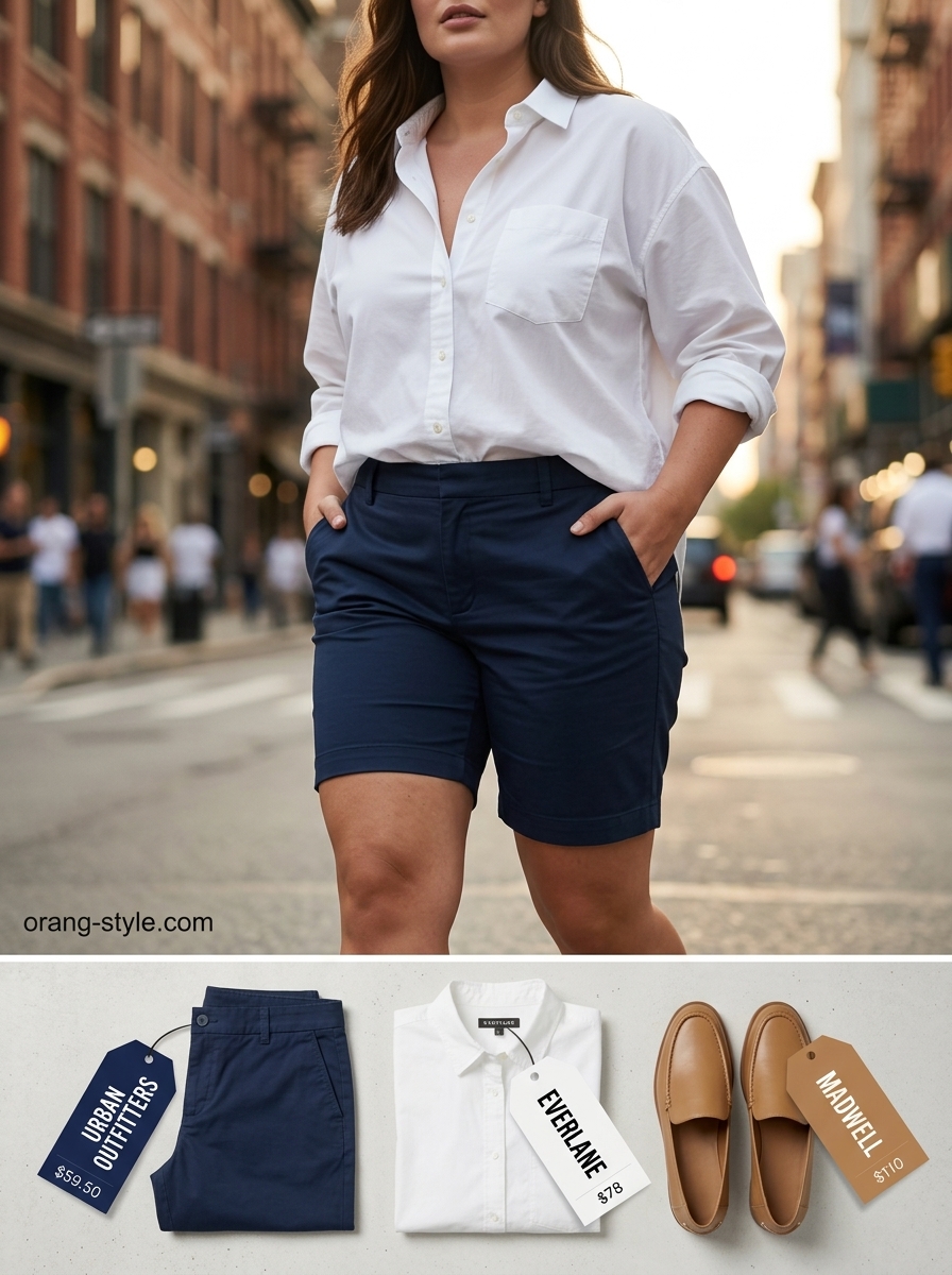 Colorful plus size summer outfits for women 2026: Navy linen shorts, white button-down, tan loafers for city sightseeing.