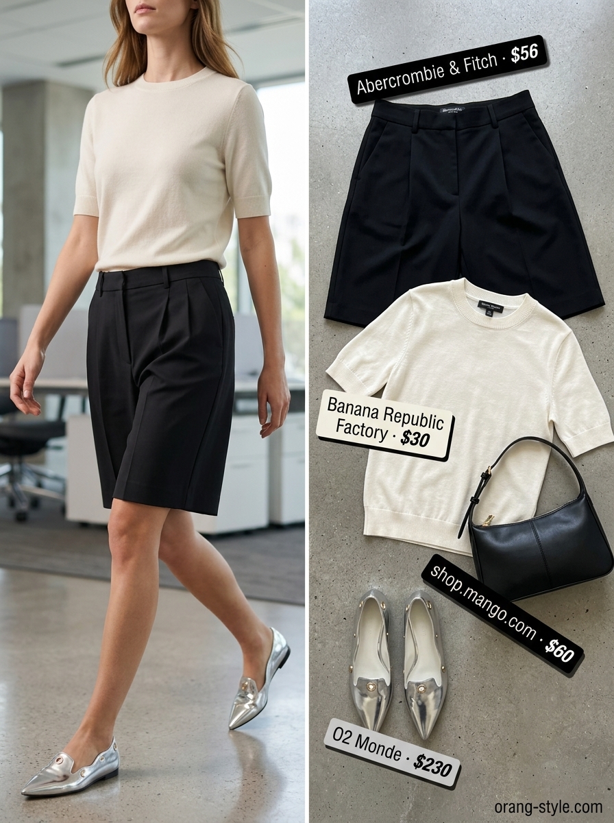 Black Bermuda shorts outfit for cool summer work outfits for women 2026. Casual Friday look.