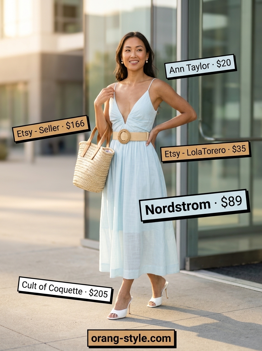 Sky blue midi dress with tan straw bag and white mules for cool summer work outfits for women 2026.