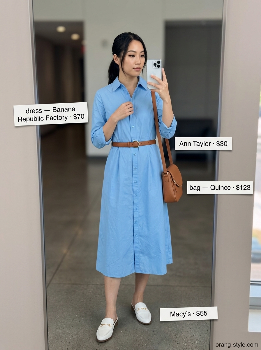 Cool summer work outfits for women 2026: Sky blue shirtdress with cognac belt & mules.