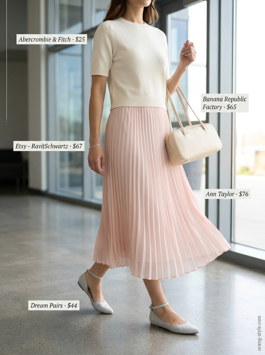 Blush pink pleated midi skirt outfit for cool summer work outfits for women 2026. Business casual office look.