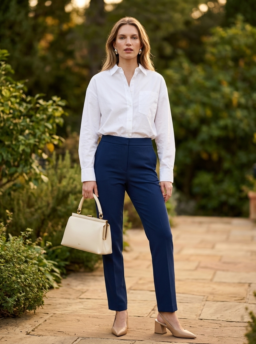 Cool summer work outfits for women 2026: Cobalt blue cropped trousers with white shirt.