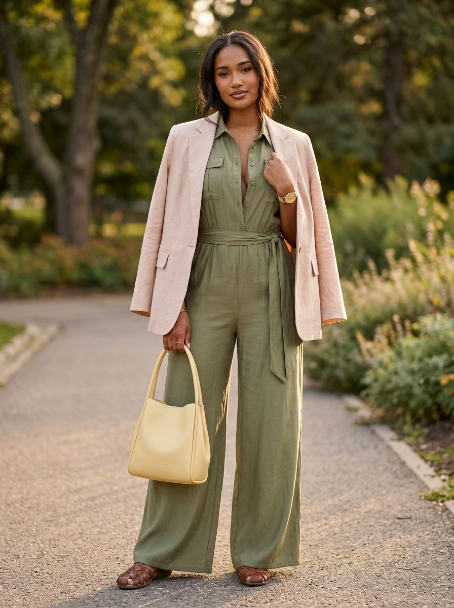 Olive green linen jumpsuit with beige blazer and tan sandals for cool summer work outfits for women 2026.