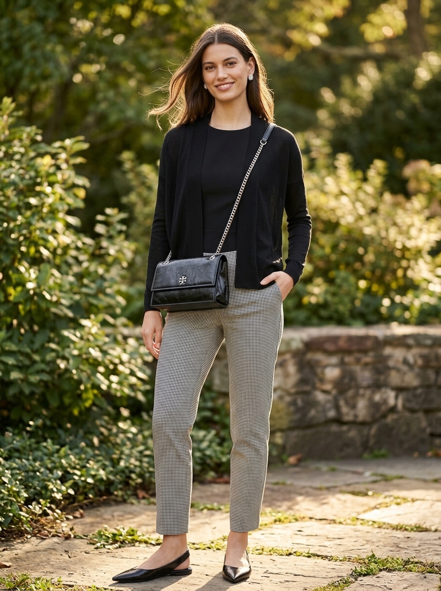 Dove grey A-line dress with black slingbacks and grey cardigan for cool summer work outfits for women 2026.