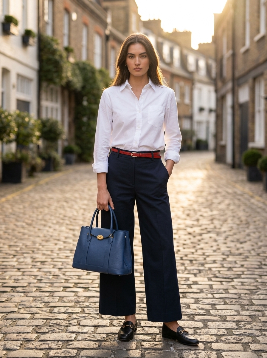 Navy cropped trousers with white shirt and red belt for cool summer work outfits for women 2026.