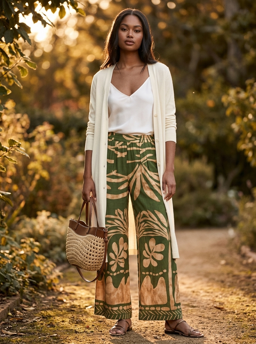 Terracotta printed palazzo pants outfit for cool summer work outfits for women 2026. Relaxed office look.