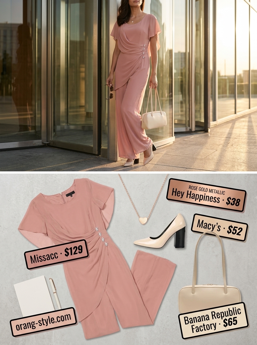 Dusty rose wide-leg jumpsuit for cool summer work outfits for women 2026. Modern office style.