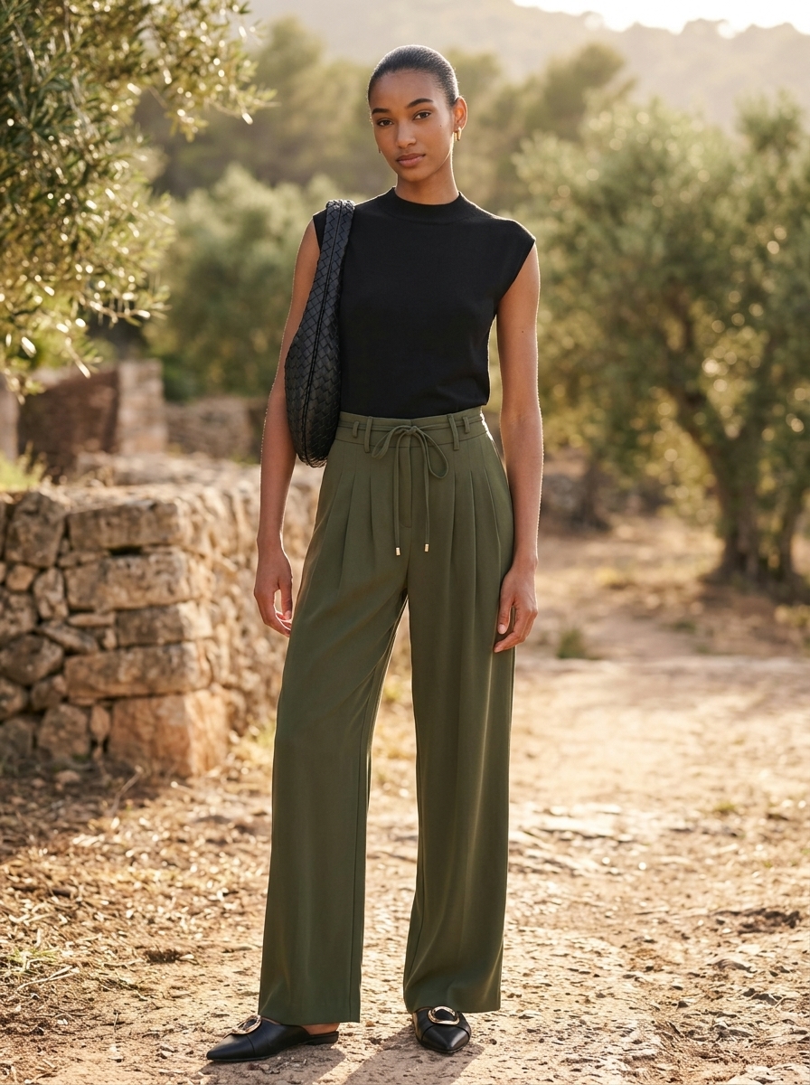 Khaki culottes with black mock-neck top and leopard bag for cool summer work outfits for women 2026.