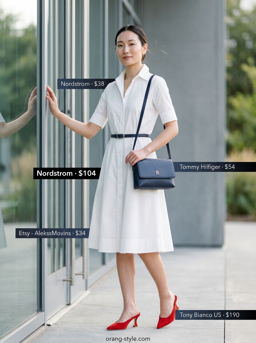 Cool summer work outfits for women 2026: Crisp white shirt dress with navy accessories.