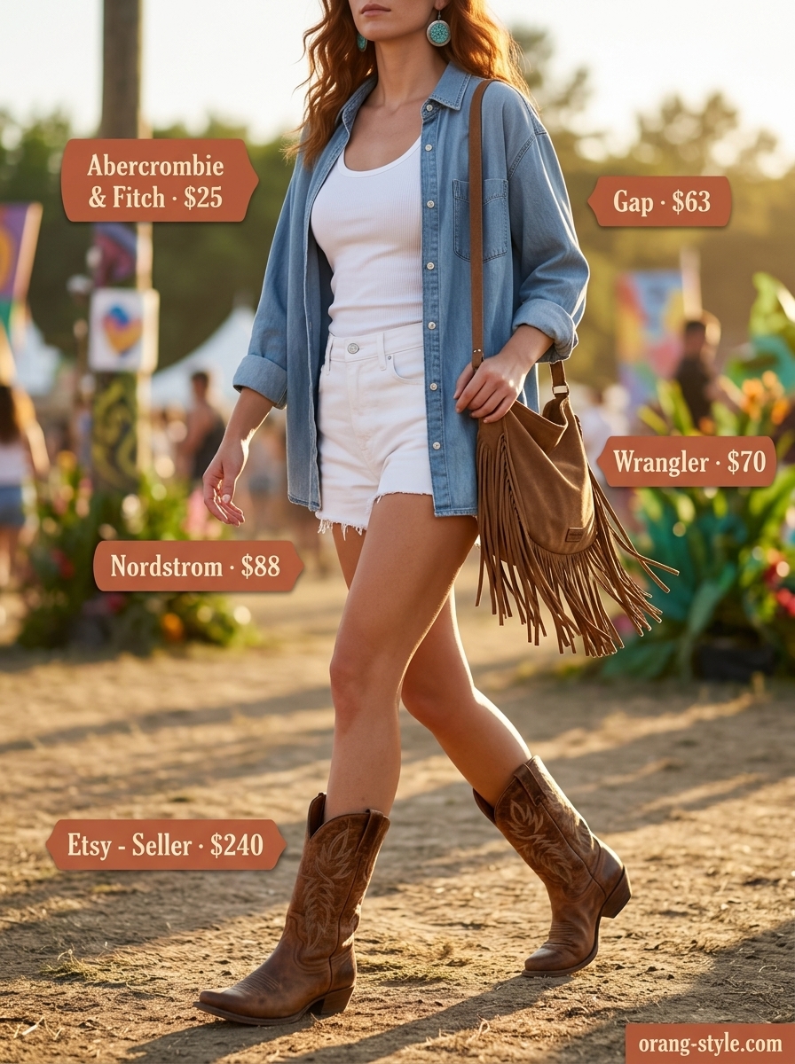 Denim summer festival outfits for women 2026: White denim shorts, chambray shirt, cowboy boots, and statement earrings.