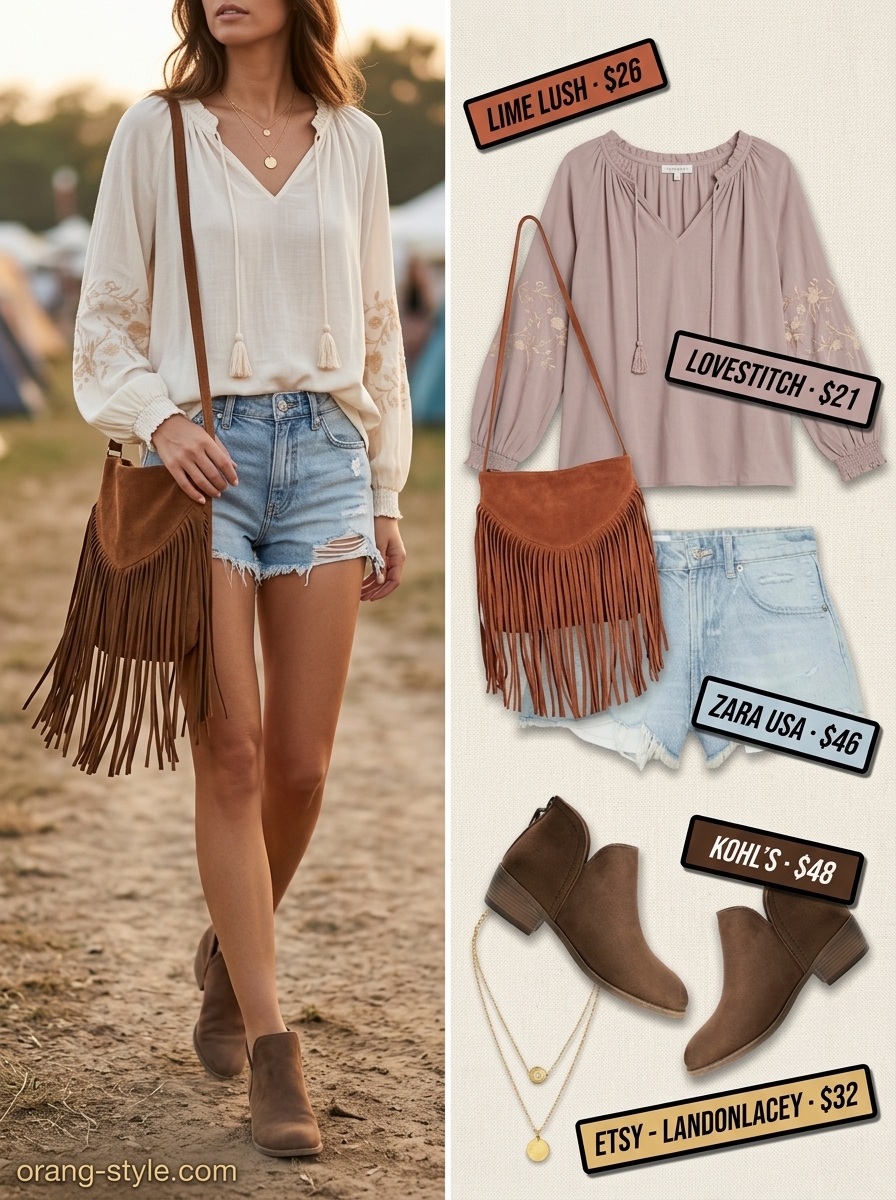 Light wash denim shorts outfit for women 2026: peasant blouse, fringe bag, layered necklaces for boho festivals.