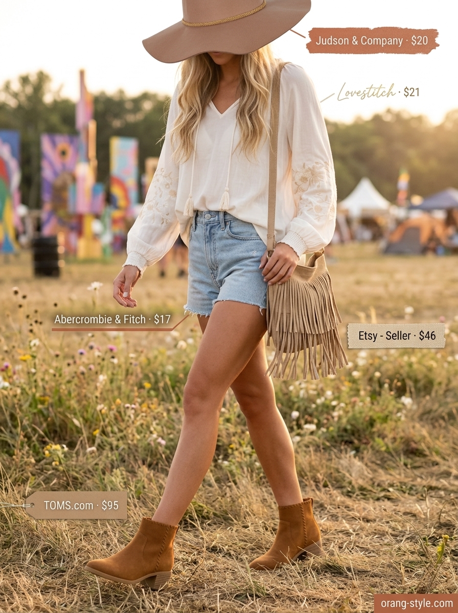 Denim summer festival outfits for women 2026: Distressed denim shorts, embroidered peasant blouse, suede boots, and felt hat.