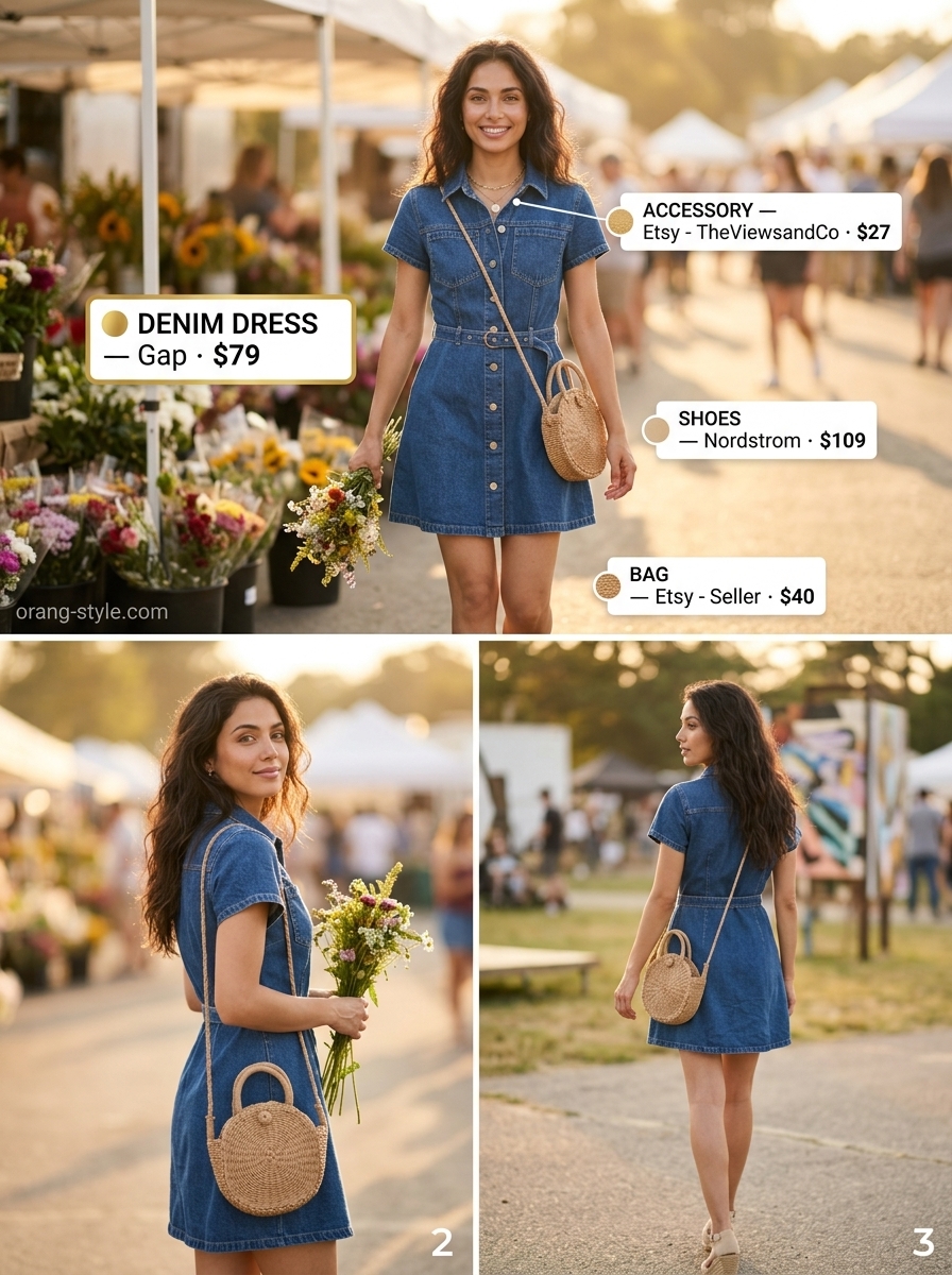 Denim summer festival outfits for women 2026: Denim shirt dress, straw hat, espadrilles, and straw crossbody bag.