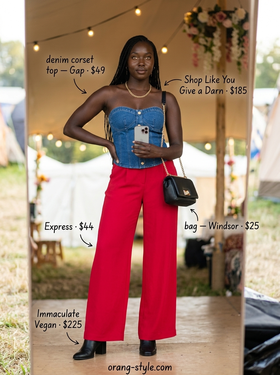 Denim summer festival outfits for women 2026: Dark wash denim corset top with crimson wide-leg pants and gold jewelry.