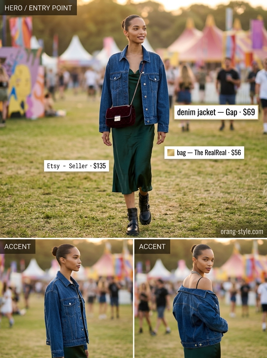 Denim summer festival outfits for women 2026: Denim jacket, slip dress, ankle boots, and velvet bag.