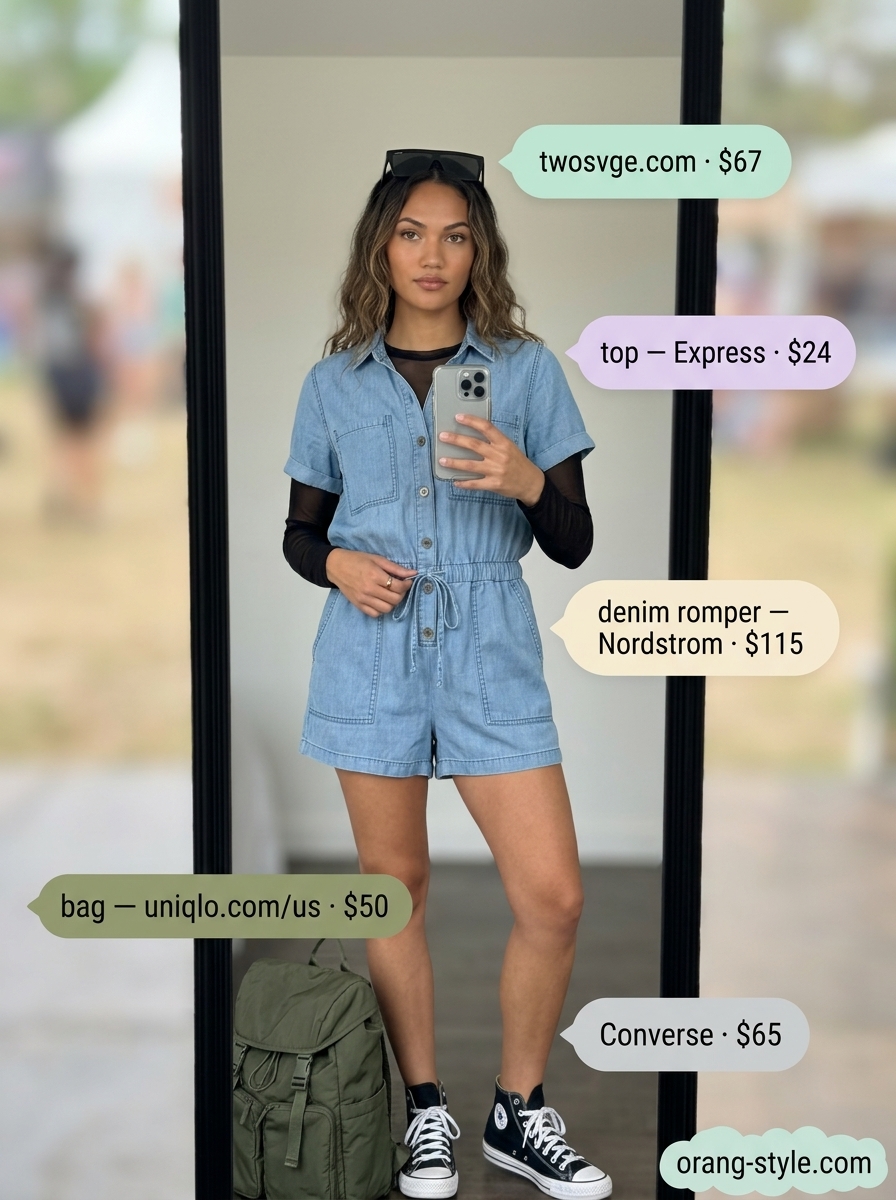 Denim summer festival outfits for women 2026: Dark wash denim romper with olive backpack and black mesh top.