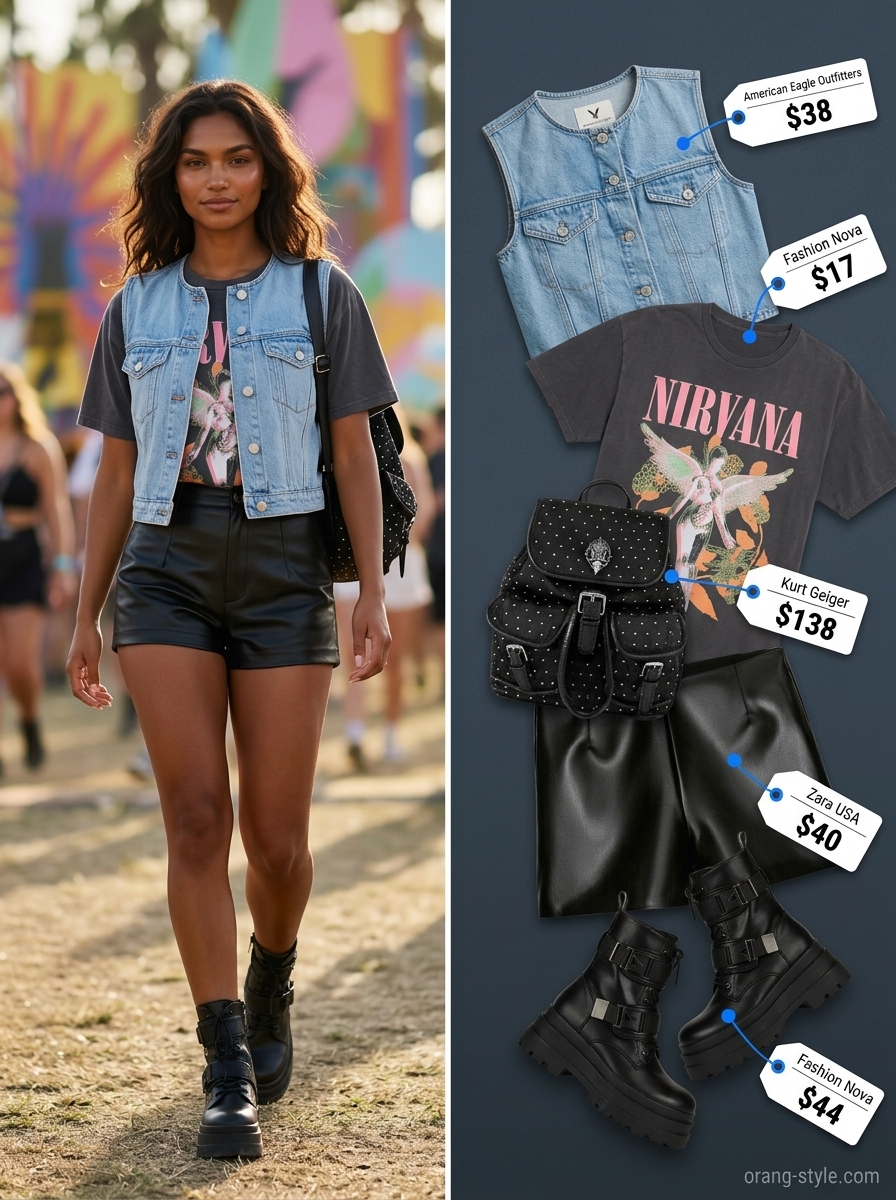 Denim summer festival outfits for women 2026: Cropped denim vest over band tee with faux leather shorts and combat boots.