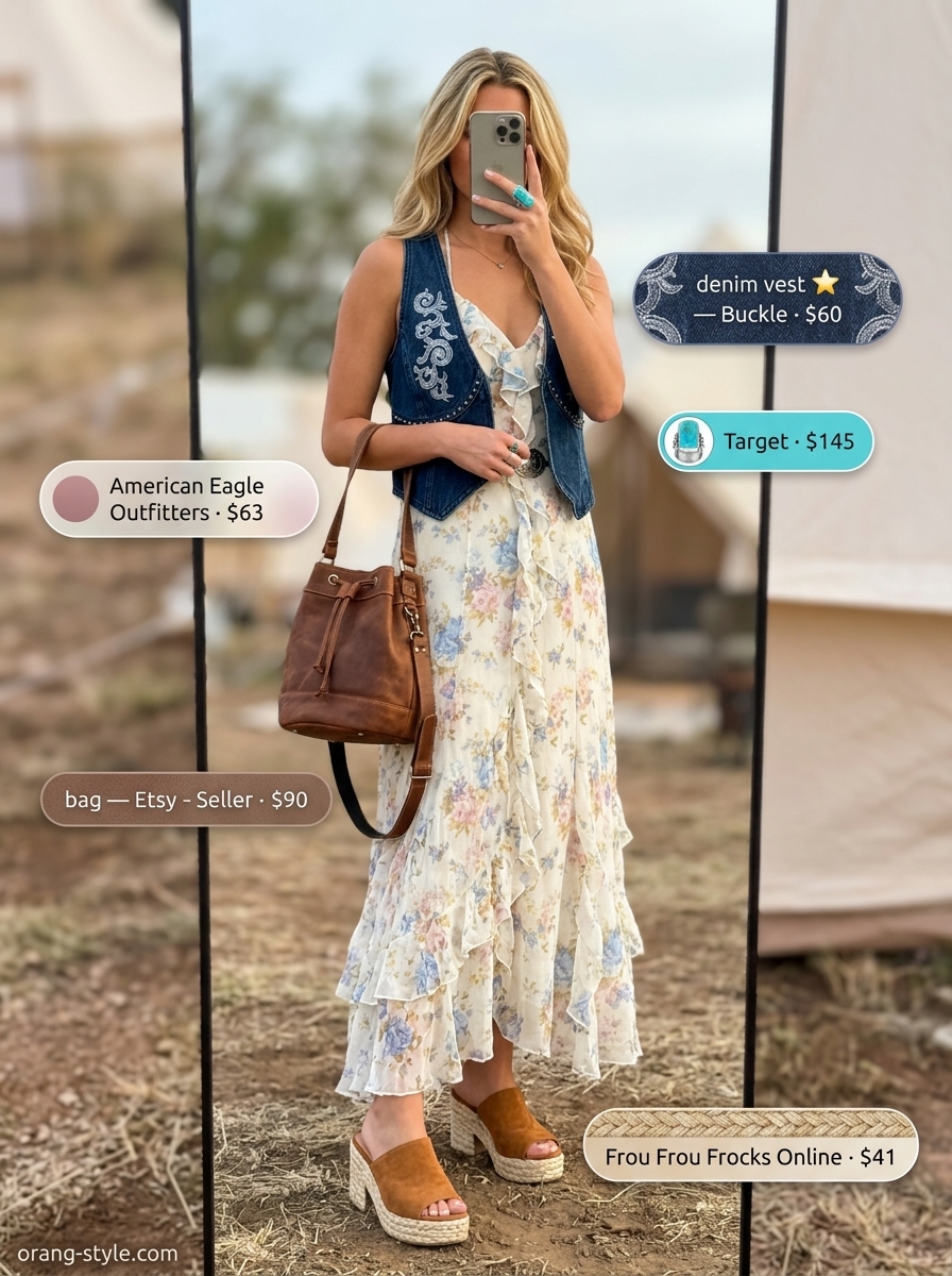 Indigo denim vest outfit for women 2026: maxi dress, mules, bucket bag for bohemian festivals.