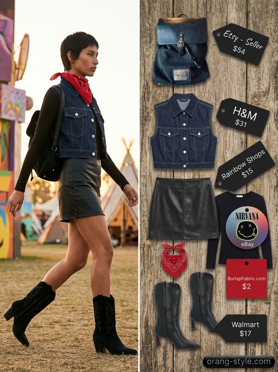 Medium wash denim vest outfit for women 2026: band tee, faux leather skirt, ankle boots for edgy festivals.