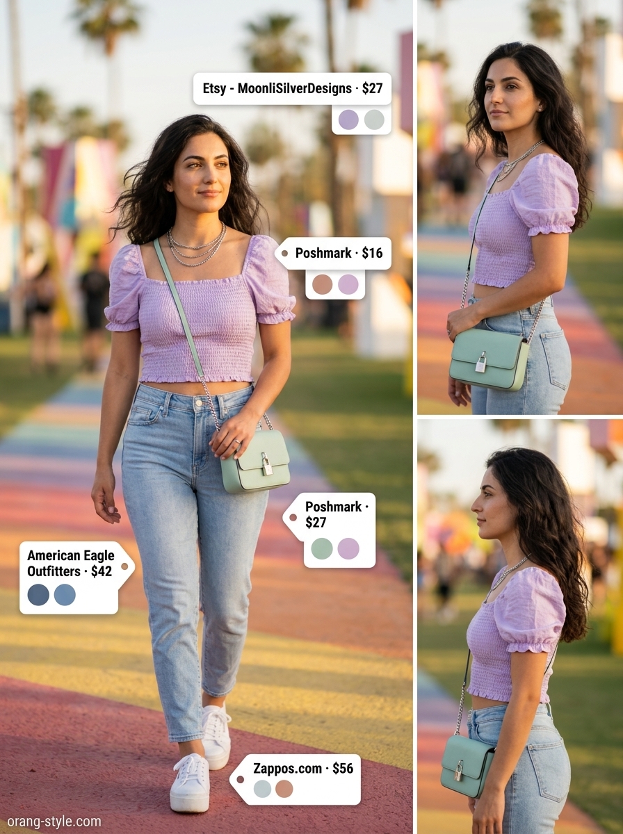 Denim summer festival outfits for women 2026: Light wash jeans with lavender off-shoulder top and silver necklaces.