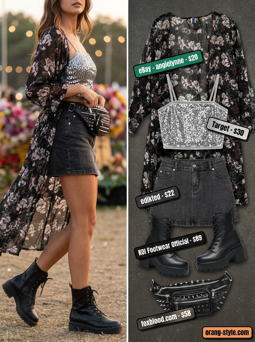 Black denim mini skirt outfit for women 2026: sequin top, sheer kimono, combat boots, belt bag for night festivals.