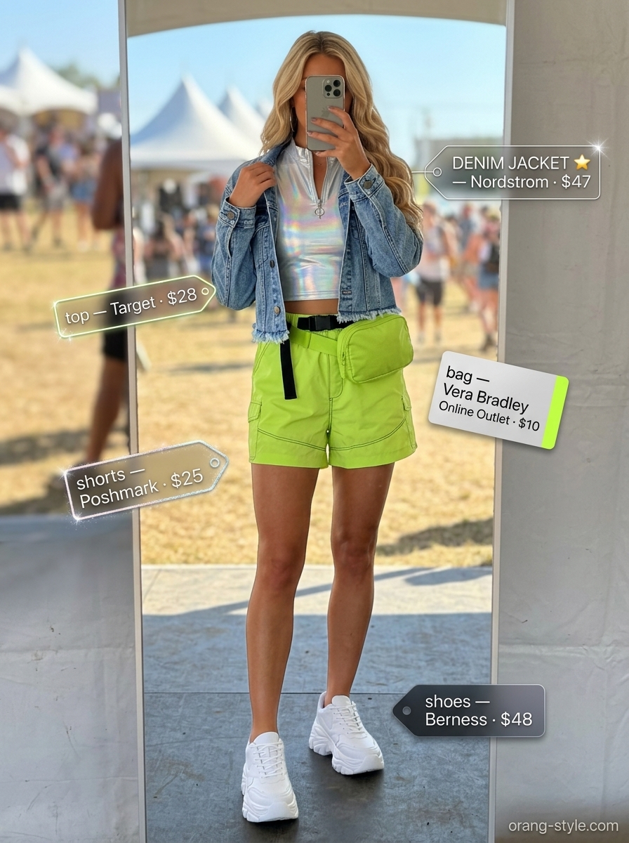 Denim summer festival outfits for women 2026: Cropped denim jacket with neon green shorts and holographic crop top.