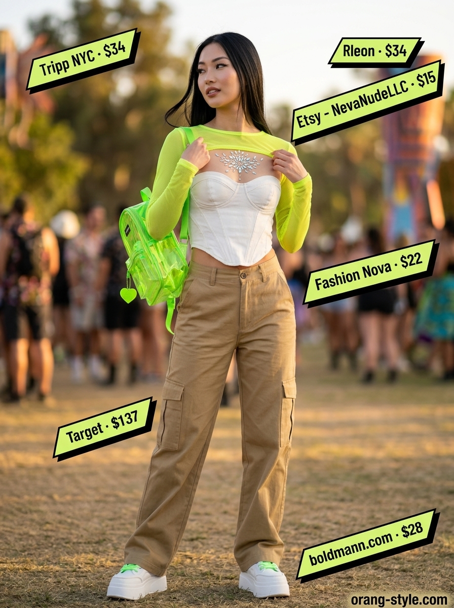 White denim bustier outfit for women 2026: cargo pants, neon top, platform sneakers for EDM festivals.