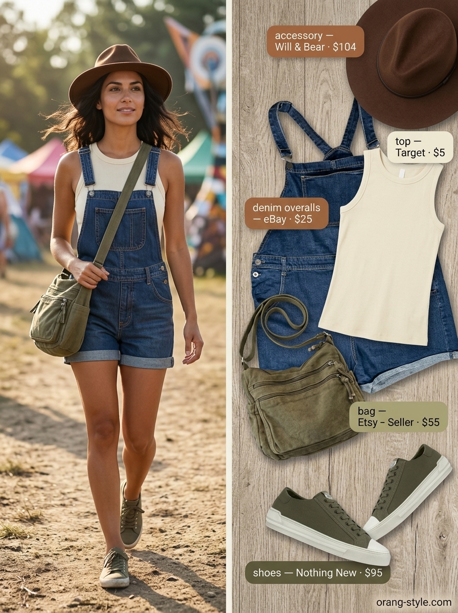 Denim summer festival outfits for women 2026: Distressed denim overalls with a cream tank top and olive sneakers.