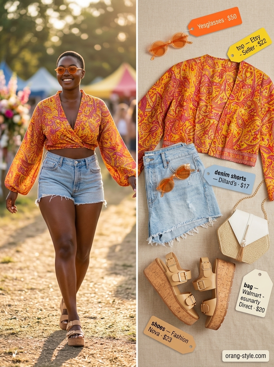 Denim summer festival outfits for women 2026: Yellow paisley crop top with light wash denim cutoff shorts and straw bag.