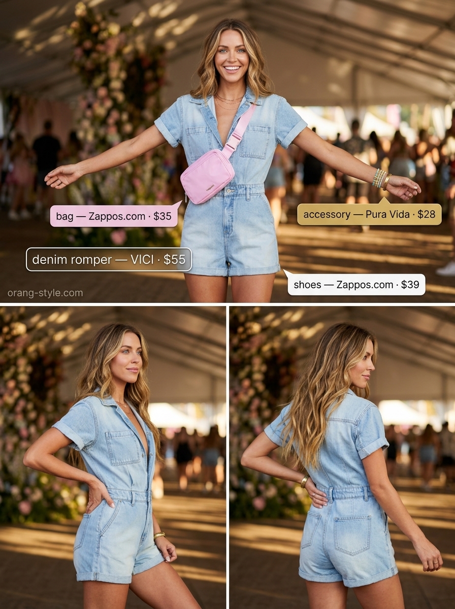 Denim summer festival outfits for women 2026: Denim romper, coral belt bag, beaded bracelets, and canvas sneakers.