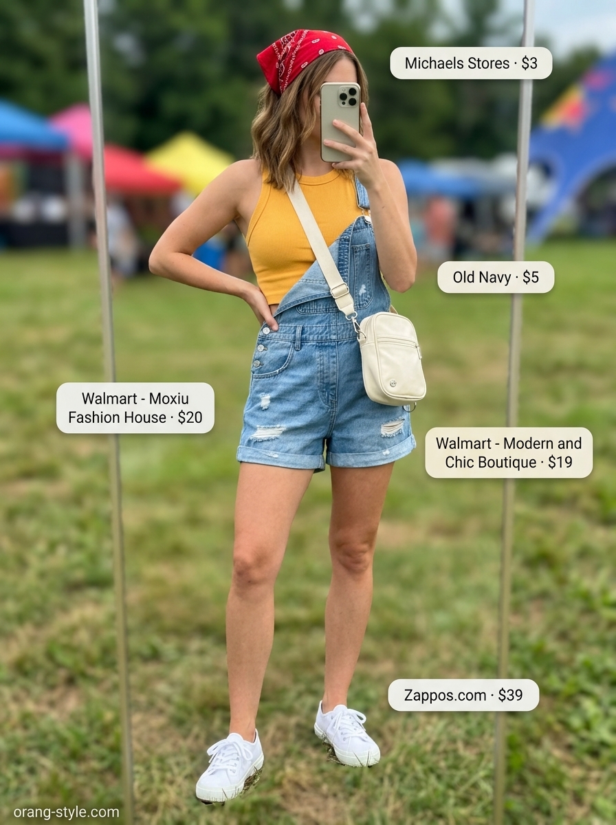 Light wash denim overalls outfit for women 2026: cropped tank, bandana, canvas sneakers for playful festivals.
