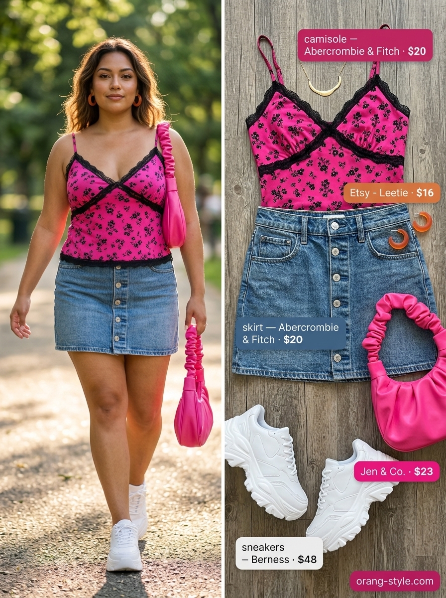 Denim summer festival outfits for women 2026: Mid wash denim mini skirt with mustard tank and fuchsia bag.