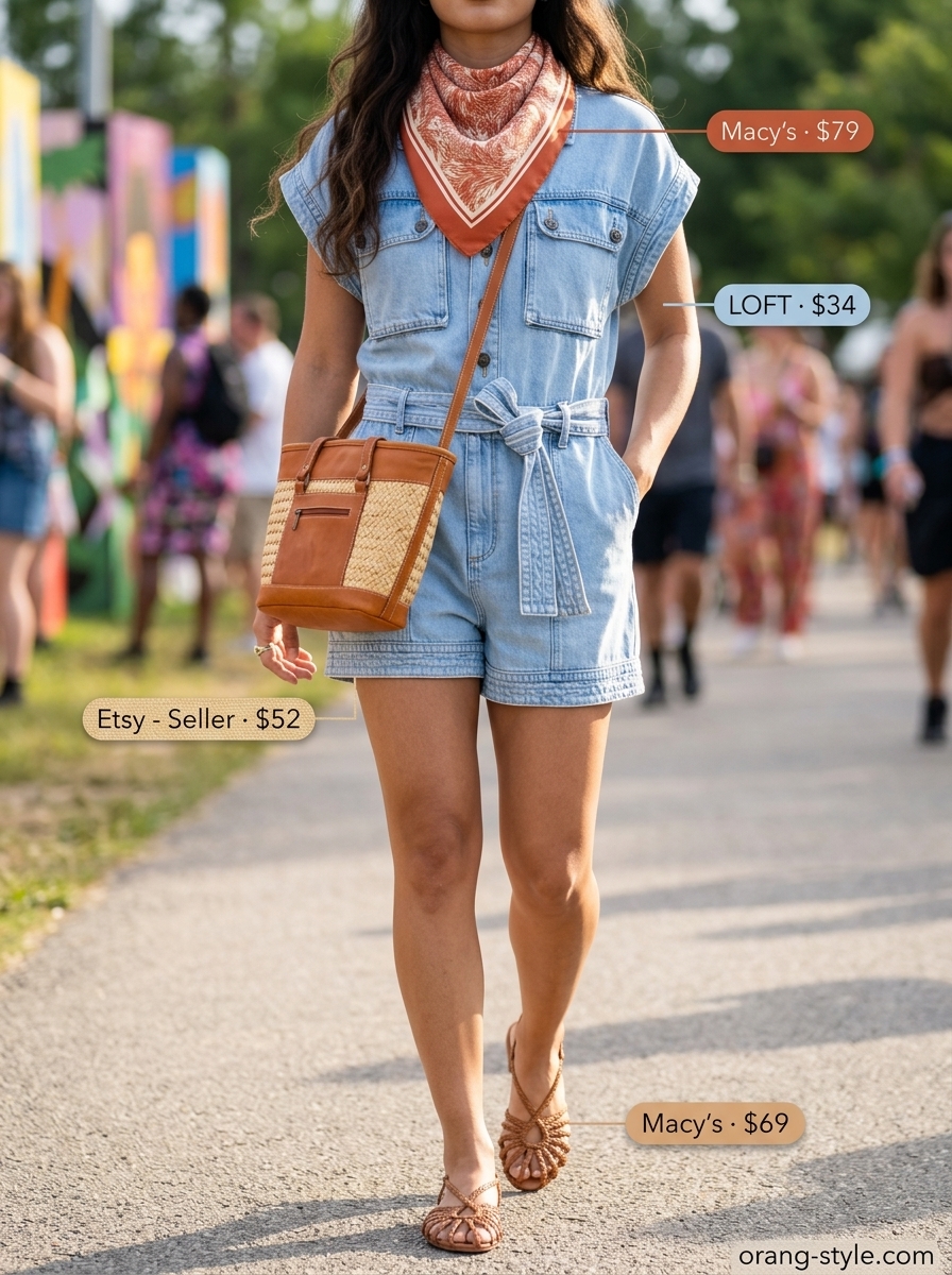 Denim summer festival outfits for women 2026: Terracotta romper, silk scarf, gold hoops, straw bag, and woven sandals.
