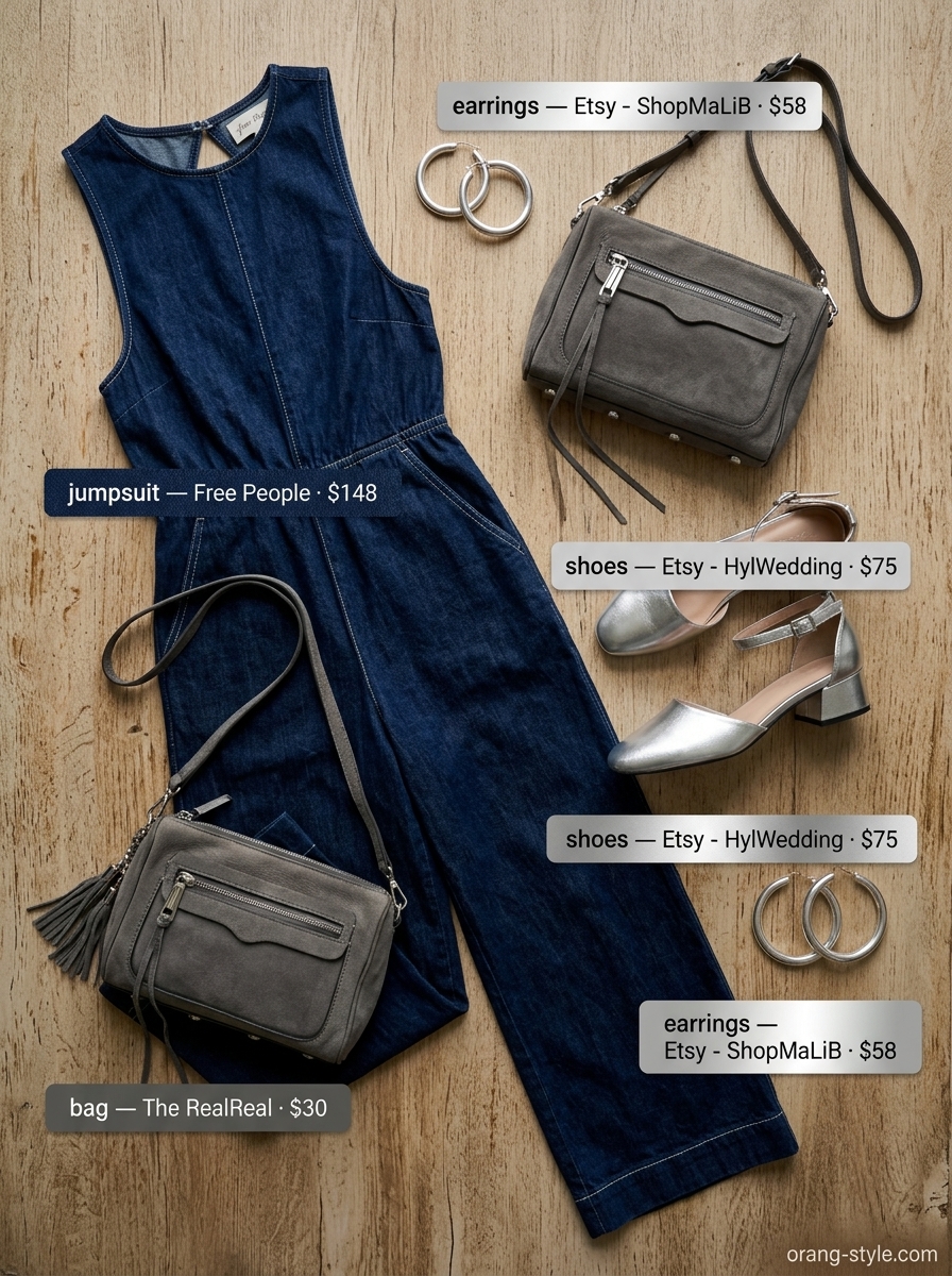 Denim summer festival outfits for women 2026: Denim jumpsuit, silver earrings, block heel sandals, and shoulder bag.