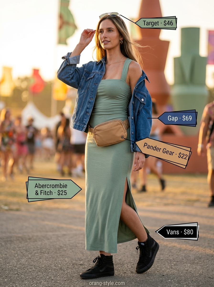 Dark wash denim jacket outfit for women 2026: midi tank dress, sneakers, utility belt bag for versatile festivals.