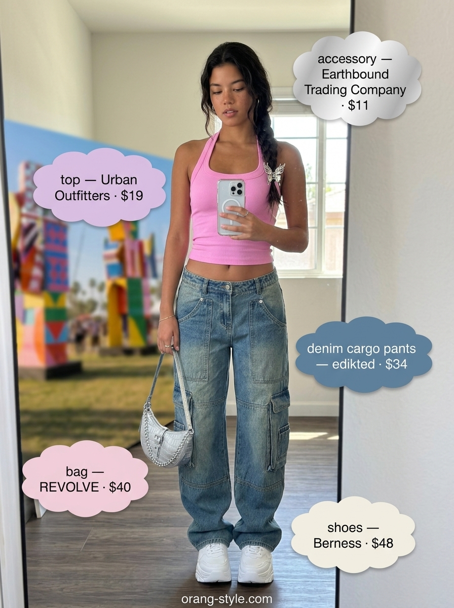 Denim summer festival outfits for women 2026: Baggy denim cargo pants with baby pink halter top and butterfly clips.