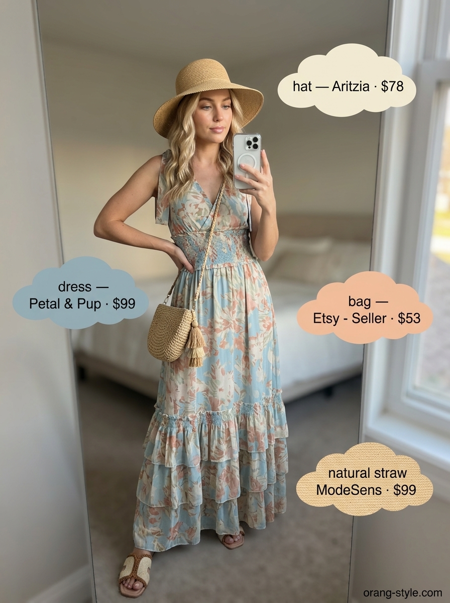 Bohemian beach dinner outfit: Dusty blue floral maxi dress, straw hat & sandals. Easy date outfits summer for women 2026.