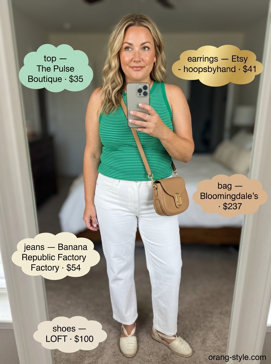 Coastal cafe outfit: Emerald green knit top, white jeans, tan saddle bag & espadrilles. Easy date outfits summer for women 2026.