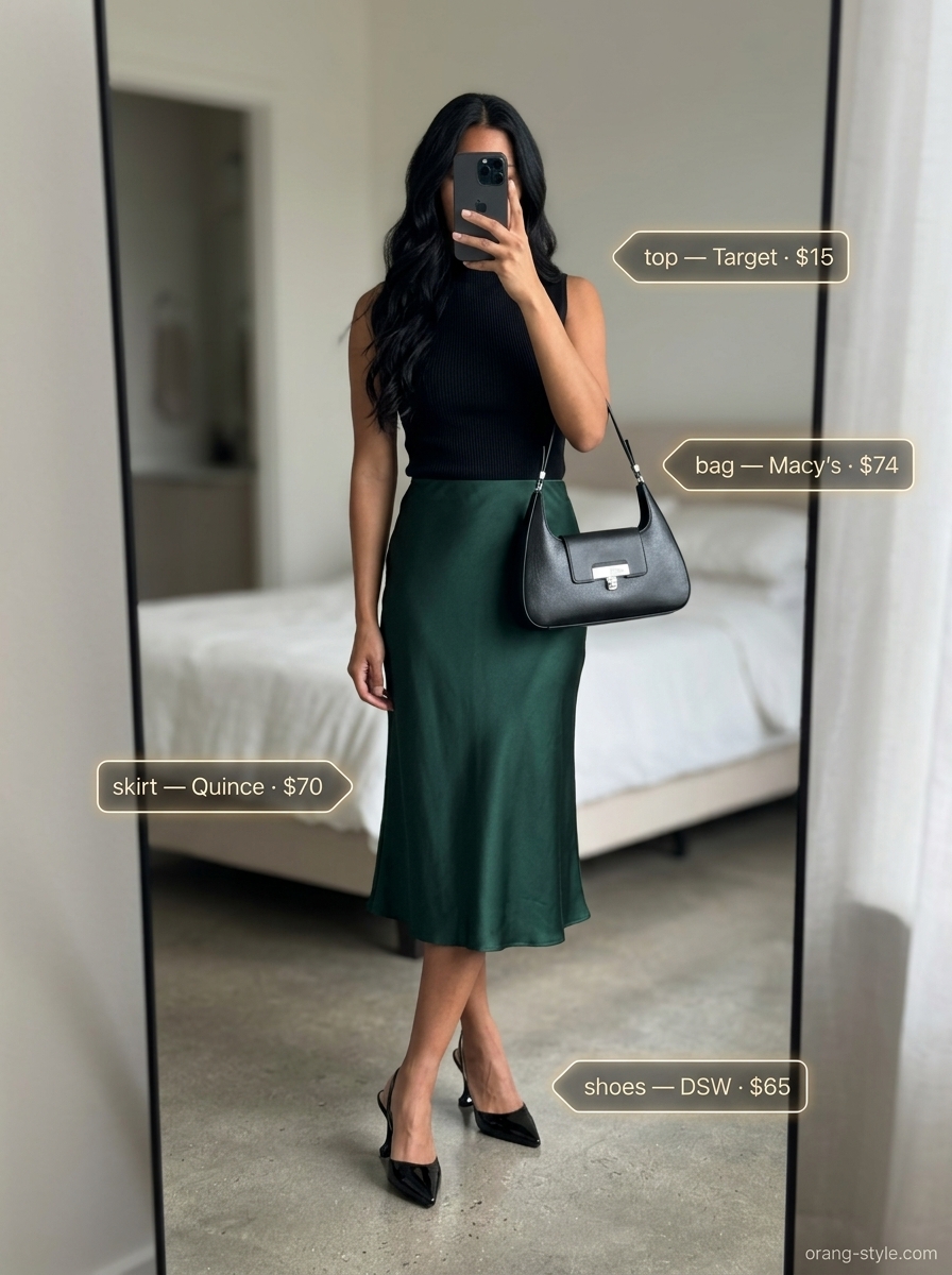 Gallery opening outfit: Emerald green satin skirt, black turtleneck top & slingbacks. Easy date outfits summer for women 2026.