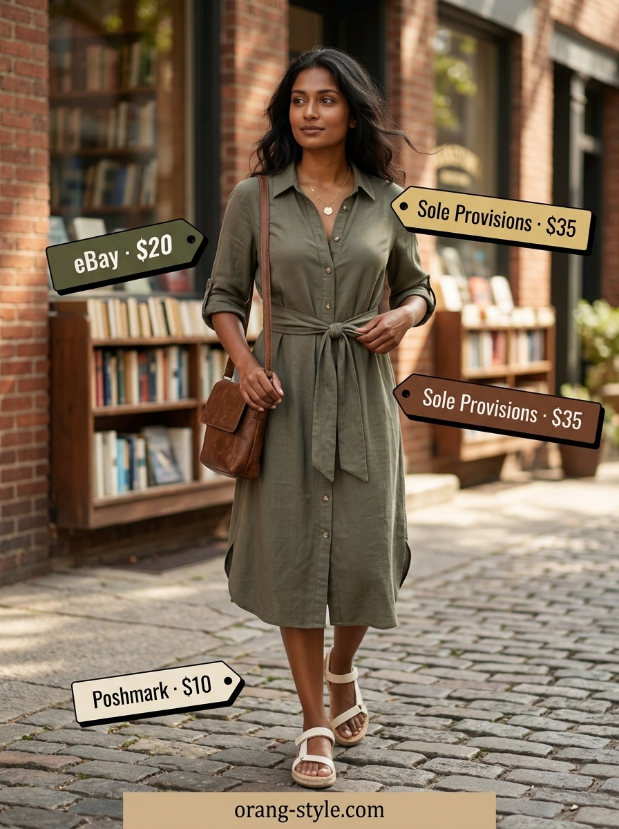 Olive green shirt dress outfit: Tie waist, espadrilles & crossbody bag. Easy date outfits summer for women 2026.