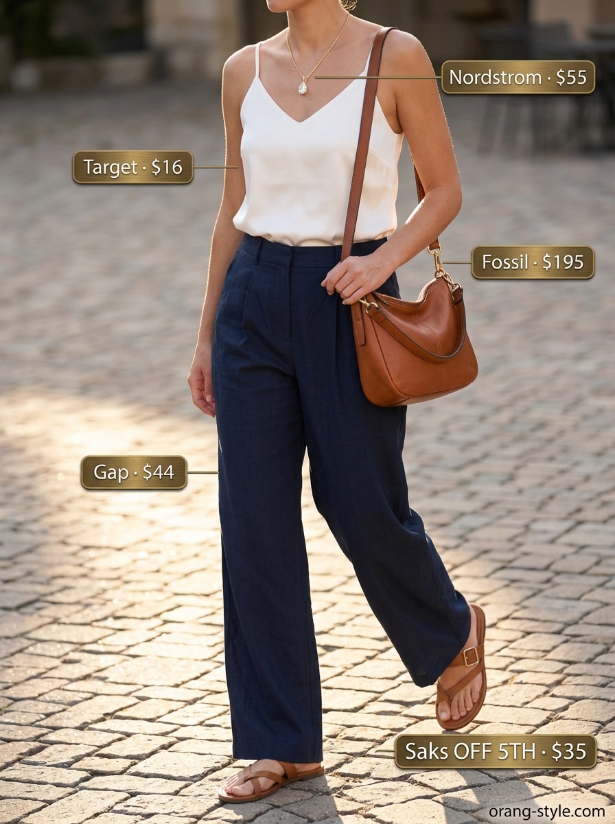 Riviera evening outfit: Navy linen trousers, white silk cami & leather slides. Easy date outfits summer for women 2026.