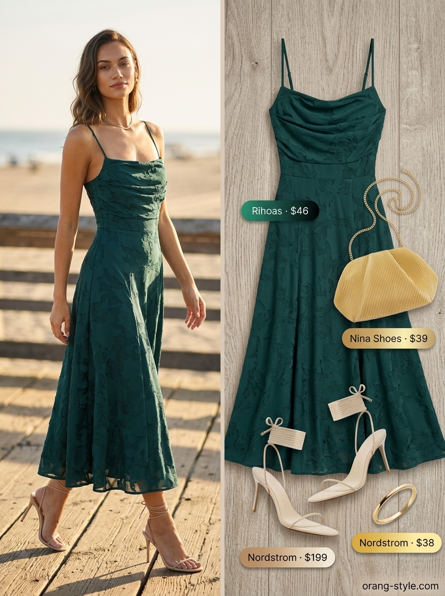 Sunset pier walk outfit: Emerald green slip dress, espadrilles & gold jewelry. Easy date outfits summer for women 2026.