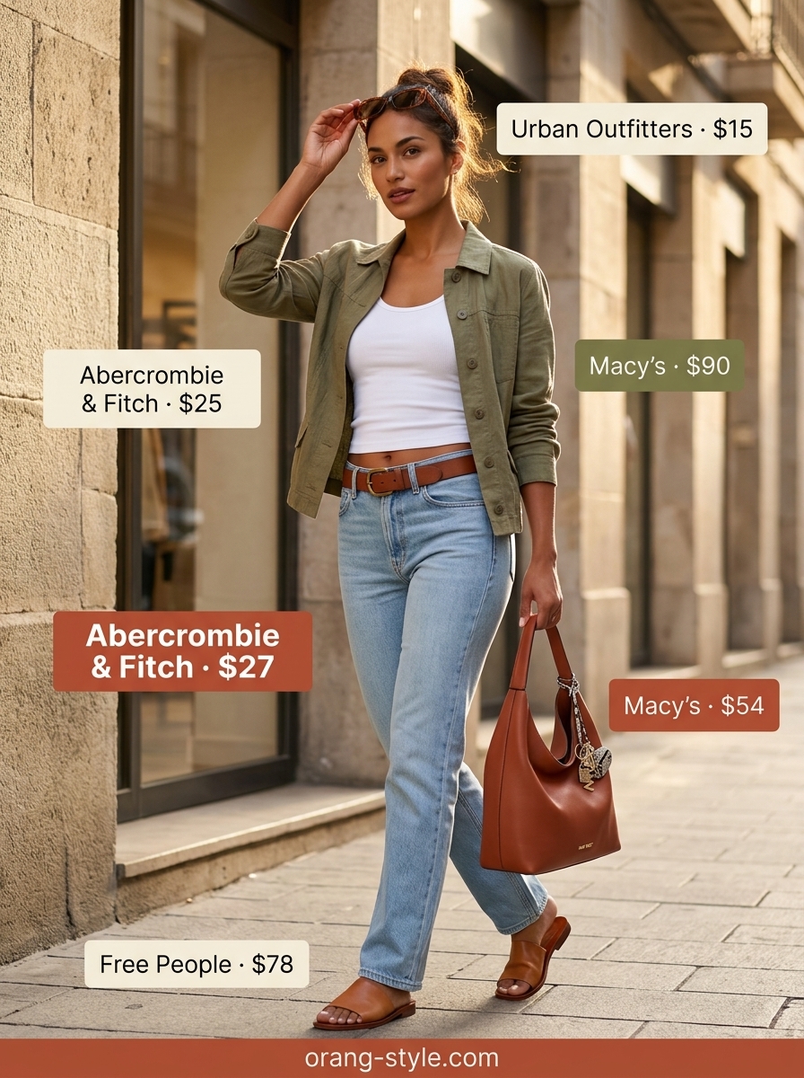 Easy date outfits summer for women 2026: Light wash jeans, cream tank, olive blazer for brewery hopping chic.