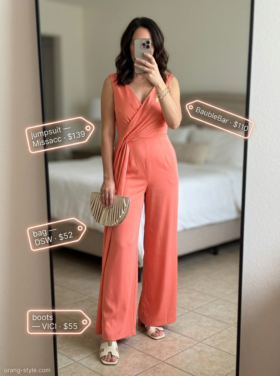 Easy date outfits summer for women 2026: Vibrant coral jumpsuit for al fresco evening escape.