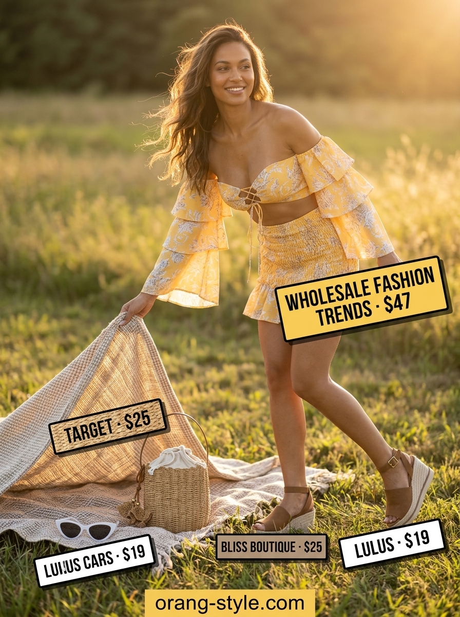 Easy date outfits summer for women 2026: Yellow floral set for a sunflower field picnic.