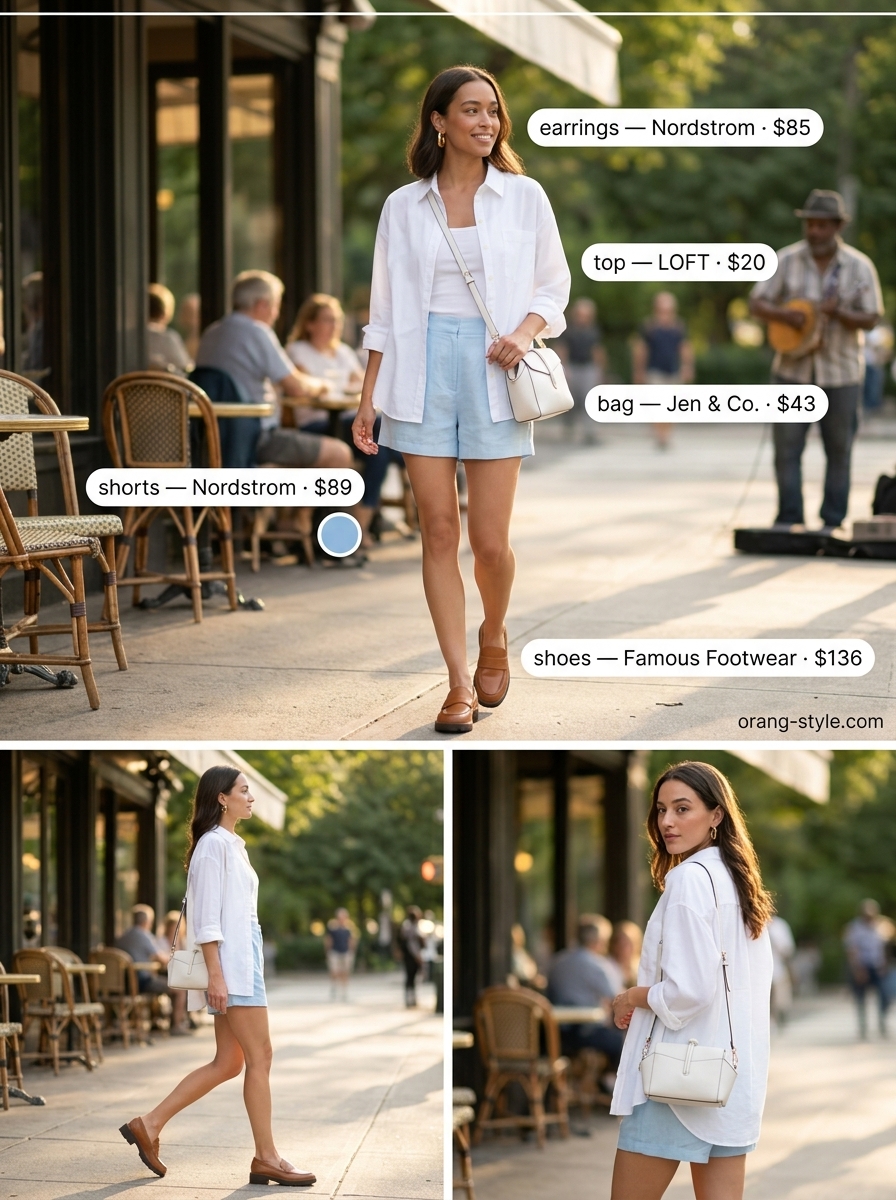 Easy date outfits summer for women 2026: Sky blue shorts, white shirt for picnic in the park.