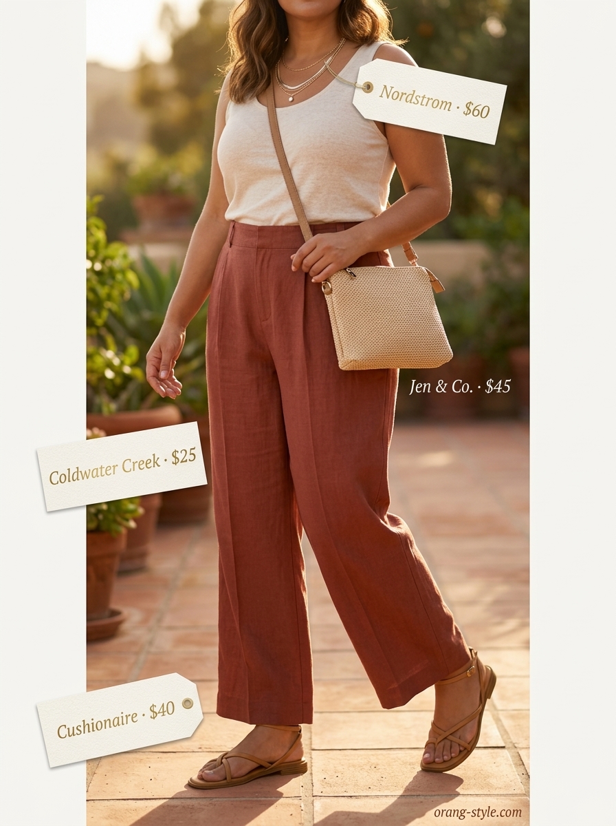 Easy date outfits summer for women 2026: Terracotta linen pants for a sunset soiree.