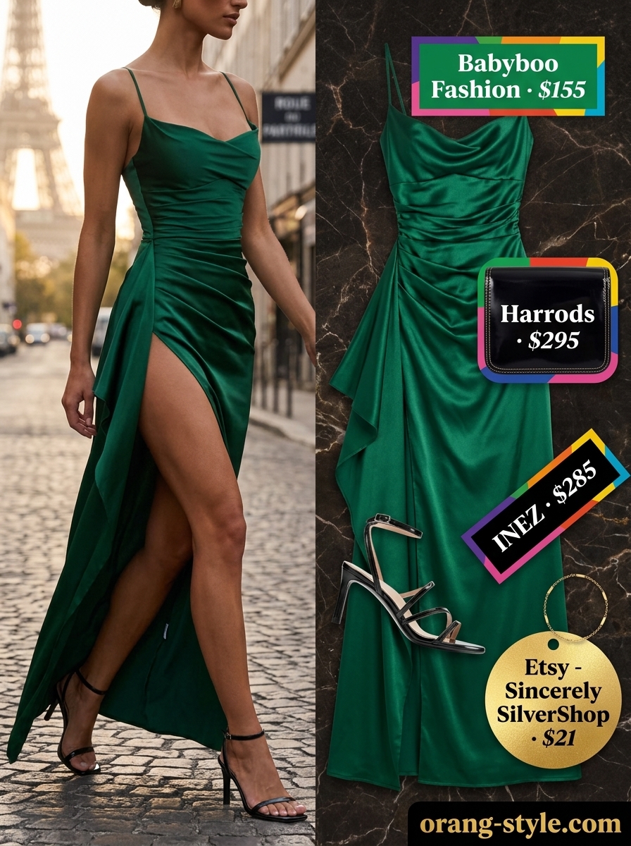 Easy date outfits summer for women 2026: Emerald green satin slip dress, black heels, and gold accessories for an elegant dinner.